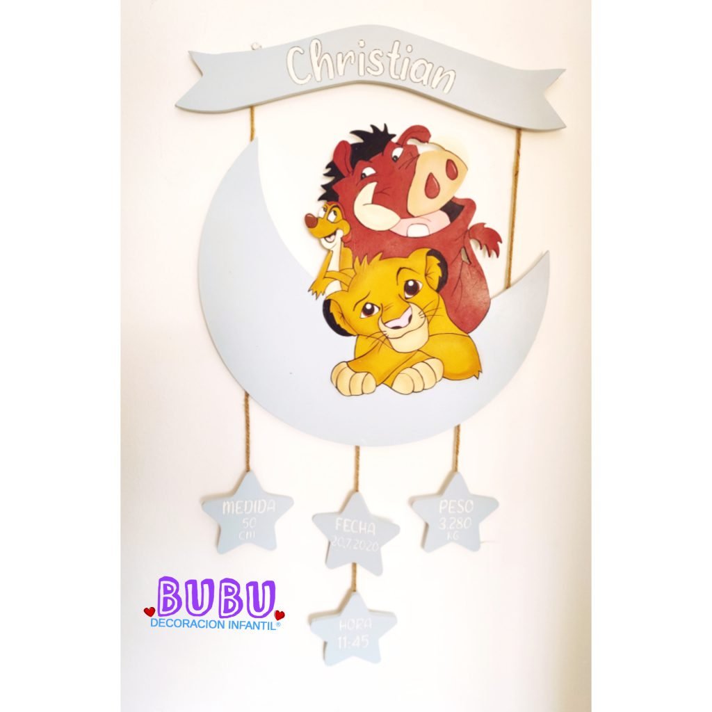 Celebrate your little one with a Simba-themed birth plaque! Personalised with Simba baby name sign with birth details on cute star charms. Handmade!