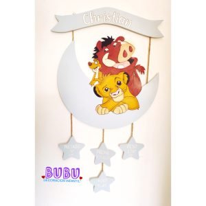 Celebrate your little one with a Simba-themed birth plaque! Personalised with Simba baby name sign with birth details on cute star charms. Handmade!